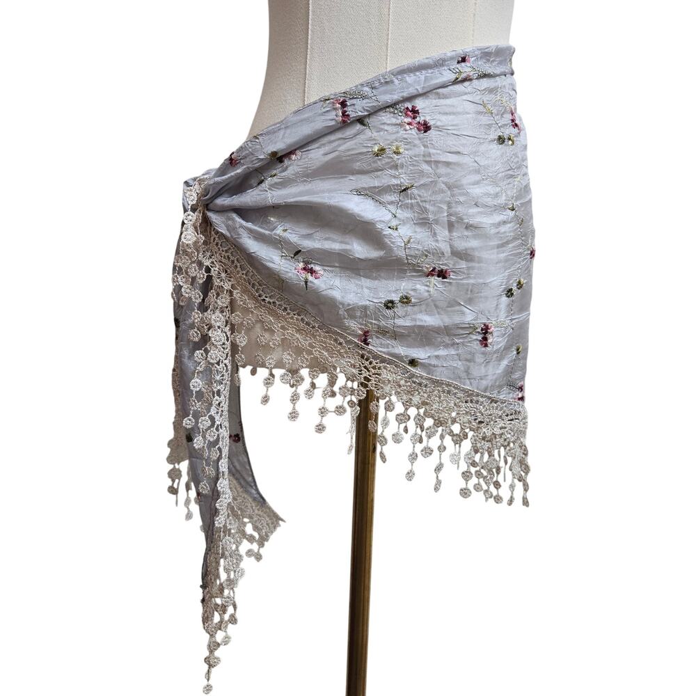 Icy Blue Silk Boho Cottage Hippie Festival Floral Embroidered Fringe Scarf Wrap